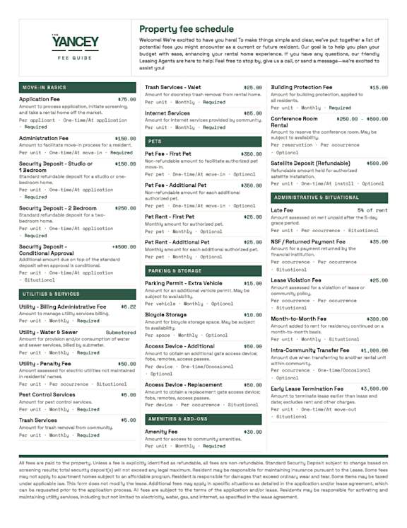 Fee Sheet at The Yancey Apartments, Charlotte,