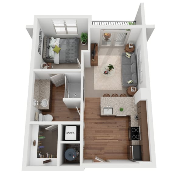 1 bed 1 bath floor plan Aat Canalside, Augusta, Georgia