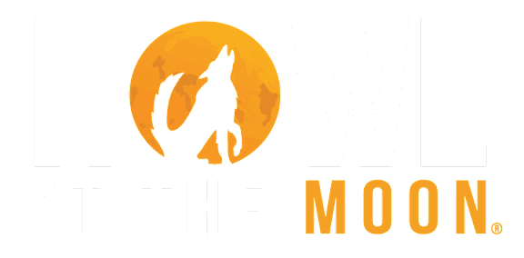 A logo with a wolf howling at the moon.