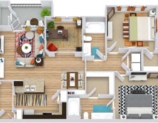 Brazos 3D. 2 bedroom apartment + study room. Kitchen with bartop open to living/dinning rooms. 2 full bathrooms, double vanity in master. Walk-in closets. Patio/balcony.