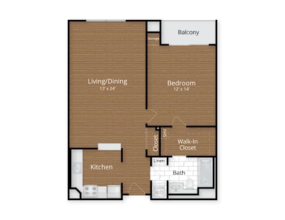 A floor plan of a small apartment with a living/dining area, kitchen, bathroom, bedroom, and balcony.