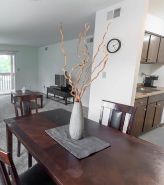 a view of the living room from the dining room table