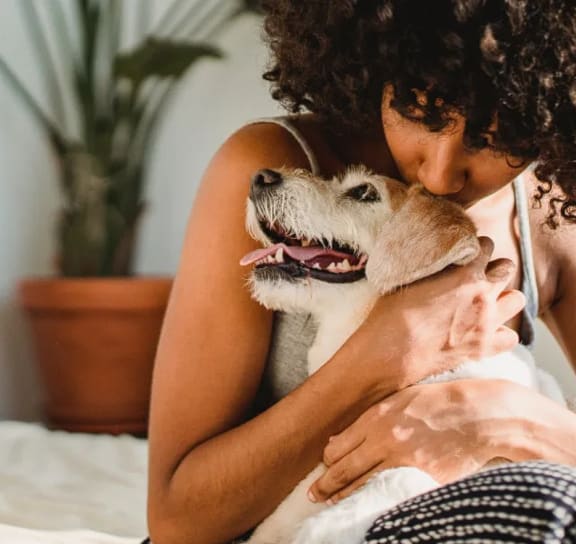 a woman is hugging a dog on a bed