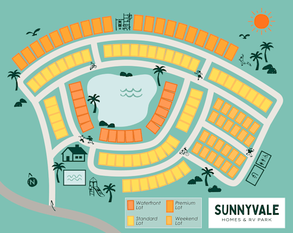 A map of Sunnyvale Homes & RV Park showing the layout of the waterfront, standard, and weekend lots.
