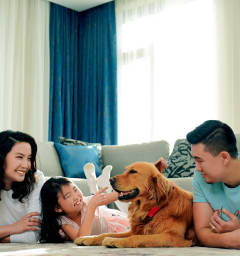 a family laying on the floor with a dog
