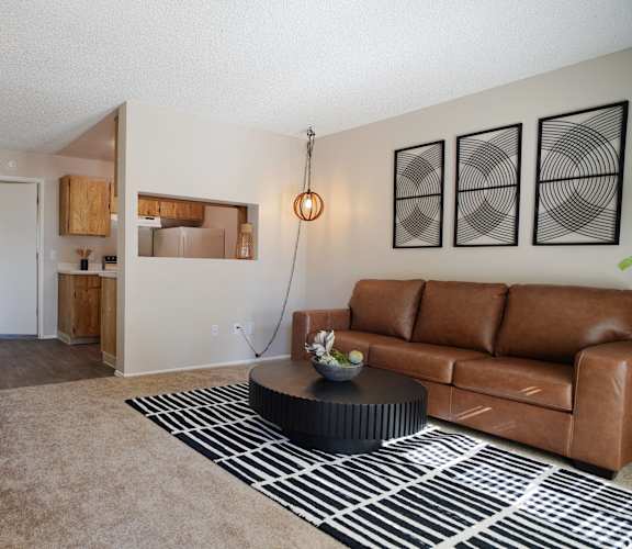 A living room with a brown leather couch and a black and white rug.