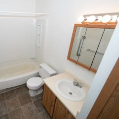 a bathroom with a sink toilet and bath tub