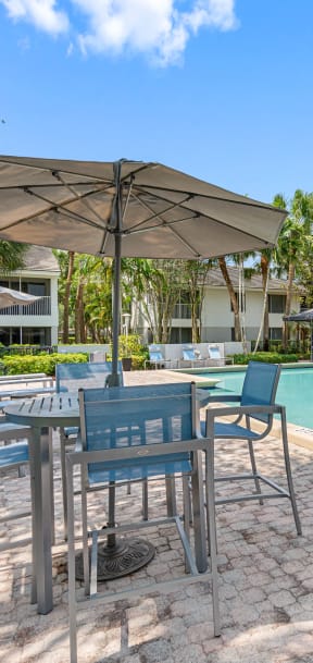 a swimming pool with tables and chairs and umbrellas