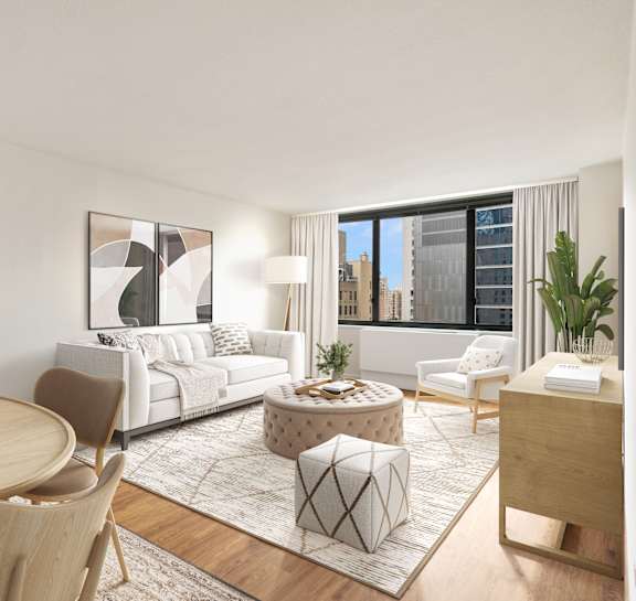 A modern living room with a round table and chairs.
