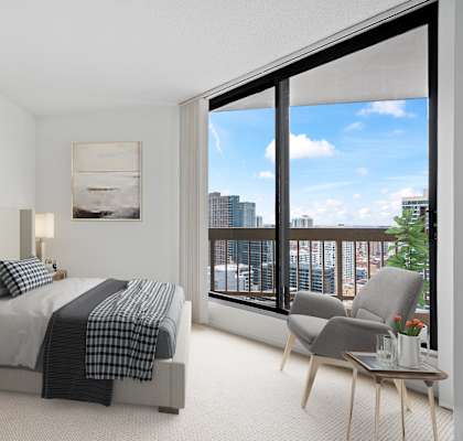 Bedroom With Expansive Windows at Asbury Plaza, Illinois, 60654