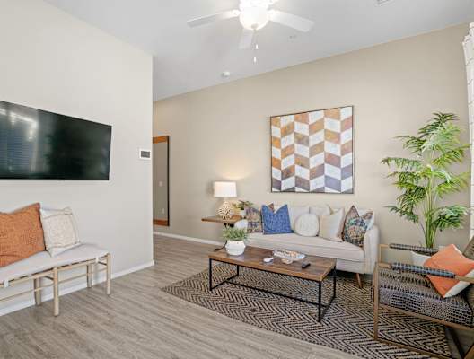 A living room with a couch, a chair, a coffee table, and a television.