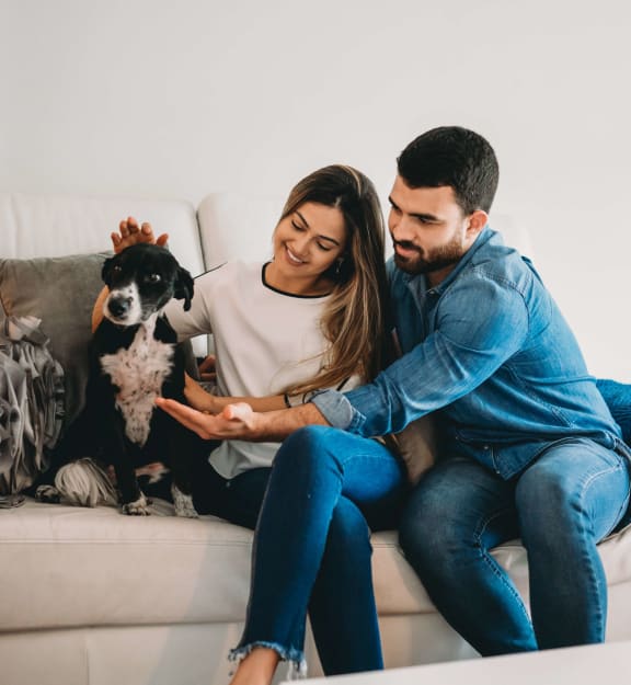 a couple sitting on a couch with their dog at Urban Crest Apartments, San Antonio, TX, 78209