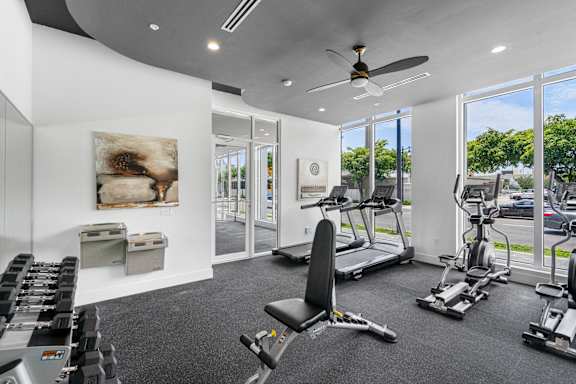 a gym with treadmills and other exercise equipment and windows