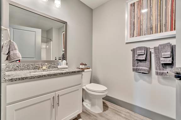 plenty of counter space in the bathroom at the heights at harper's preserve apartments in con