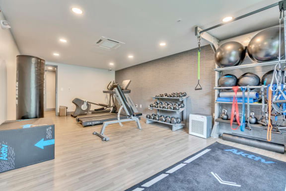 a spacious fitness room with weights and other exercise equipment