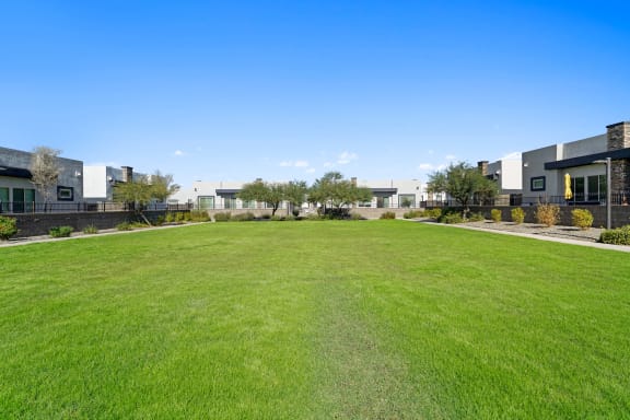 a large green lawn in front of some apartments