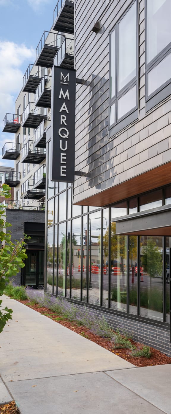 the front of a building with a sign on the side of it at Marquee, Minnesota