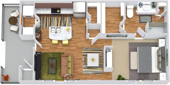 Bluebonnet 3D. Studio apartment. Kitchen with island open to living/dinning room. 1 full bathroom, shower stall. Walk-in closet. Optional Patio/balcony.