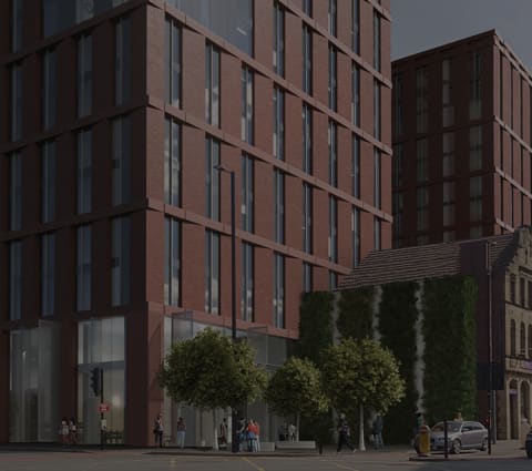 a rendering of a tall building on a city street