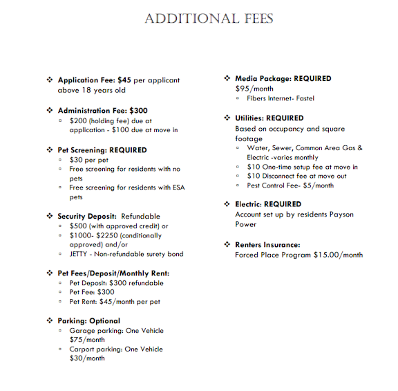 A document detailing various additional fees for a service or program.