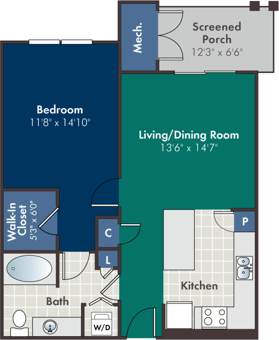 Floor Plan  1 bedroom 1 bathroom Chelsea Floorplan at Abberly at West Ashley Apartment Homes by HHHunt, South Carolina
