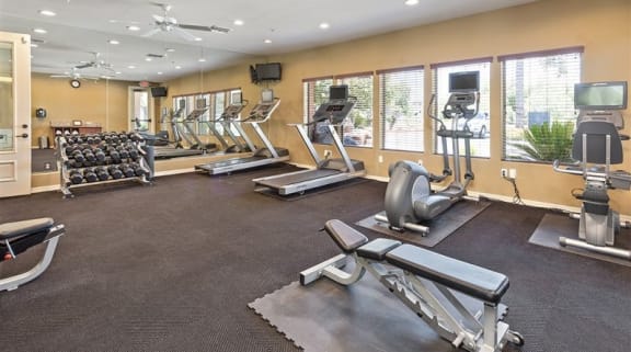 A spacious gym with a variety of equipment including treadmills, weight machines, and a bench press. at Superstition Canyon, Mesa, Arizona