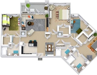 The Turin 3D. 3 bedroom apartment with study room. Kitchen with bartop open to living/dining rooms. 2 full bathrooms, double vanity in master. Walk-in closets. Patio