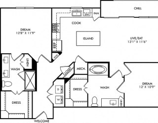 McNelly 2 Bedroom floorplan with hall closet, L-shaped kitchen with island, pantry cabinet, open to living,  2 baths - one with tub - one with shower, walk-in closets, in-unit washer/dryer. balcony