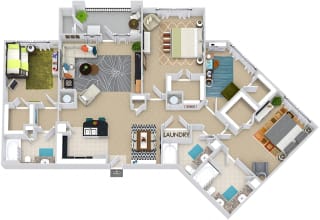 The Turin 3D. 3 bedroom apartment with study room. Kitchen with bartop open to living/dining rooms. 2 full bathrooms, double vanity in master. Walk-in closets. Patio
