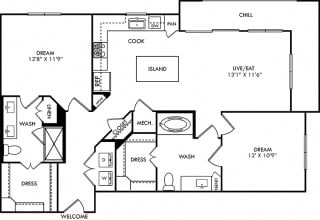 McNelly 2 Bedroom floorplan with hall closet, L-shaped kitchen with island, pantry cabinet, open to living,  2 baths - one with tub - one with shower, walk-in closets, in-unit washer/dryer. balcony