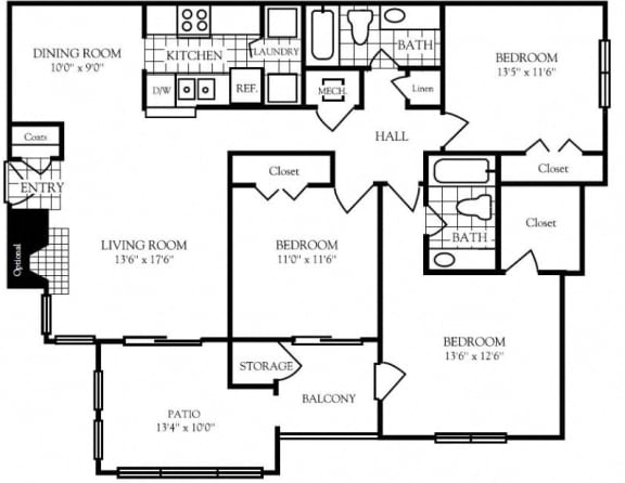 3 bedroom floor plan | Nashboro Village Apartment Homes Nashville TN