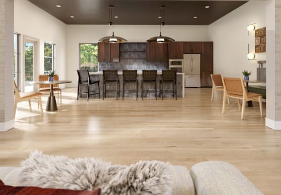 a large living room with a dining room and a kitchen