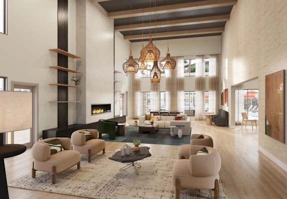 a rendering of a living room with furniture and a fireplace