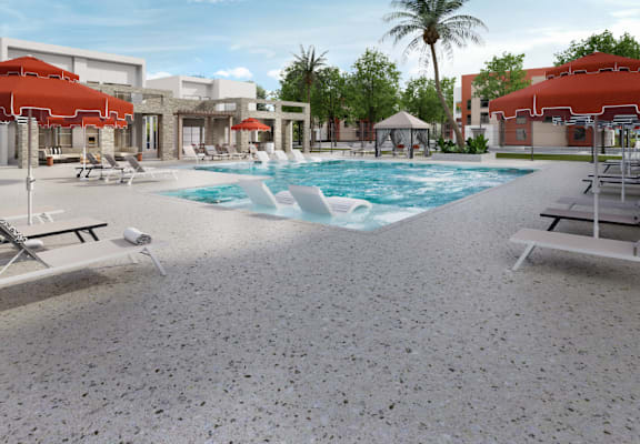 a swimming pool at a resort with chairs and umbrellas