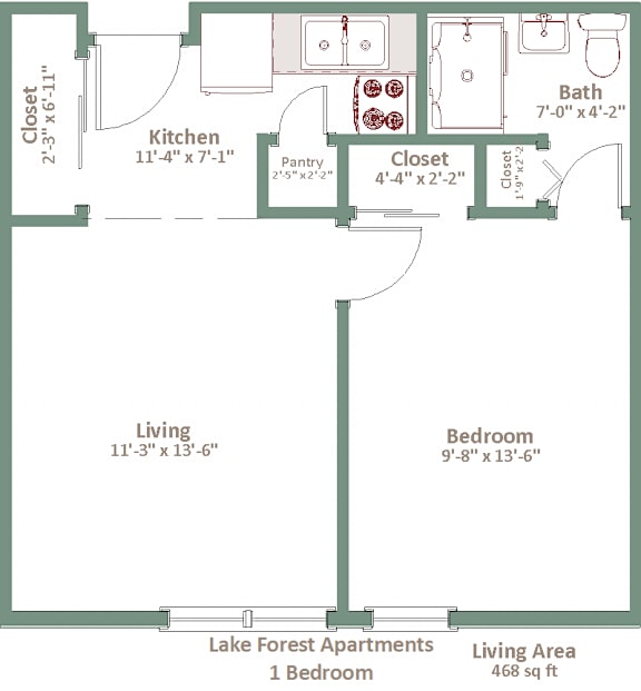 Lake Forest Apartments 1 Bedroom Floorplan