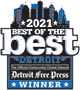 a sign that says best of the best district with a city in the background