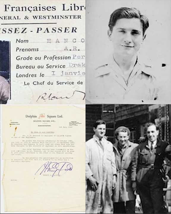 A black and white photo of a man in uniform with a document on the left and a group of people on the right.