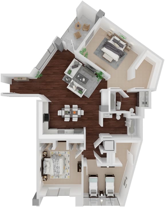 Duboce 3D FloorPlan Image Duboce 3 Bed 2 Bath 1,327 Sq. Ft. Floor Plan at Venn Apartments, San Francisco
