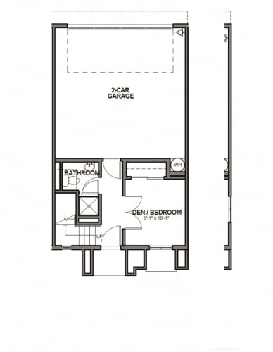 Floor Plan  Three bedroom townhome with one bedroom on the main floor with full bathroom offering a walk-in-shower. Two bedrooms on upper level. Double attached garage. Open Floor Plan.