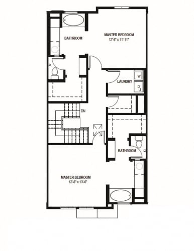 Floor Plan  Two story townhomes with two bedrooms and two full bathrooms with a powder room on the main floor. Double Attached Garage. Walk-In-Closets and private patio.