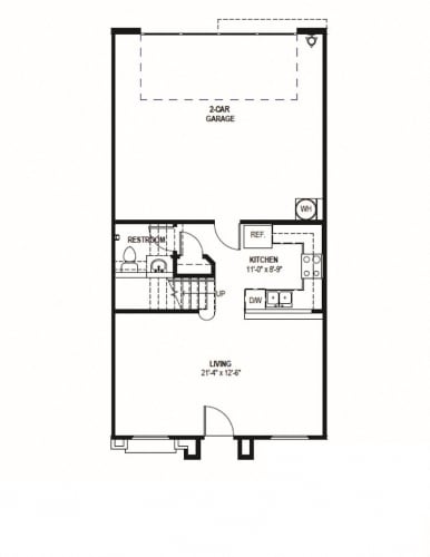 Floor Plan  Two story townhome with double attached garage. All three bedrooms on upper level. Patio off Living Room.