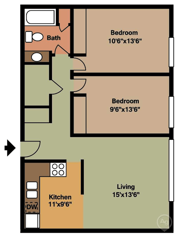 Floor Plan  2 Bedroom, 1 Bath 900 Sq.Ft. Floor Plan at Seville Apartments in Iowa City, IA