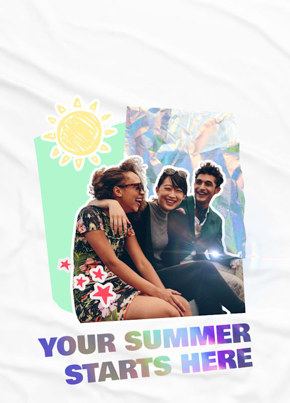 A poster with the text "YOUR SUMMER STARTS HERE" and an image of three people sitting together.