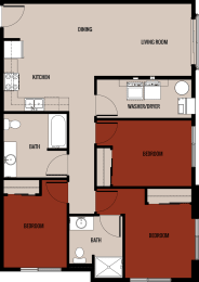 3x2 1,048 square foot floor plan at River Flats Apartments in Janesville, WI