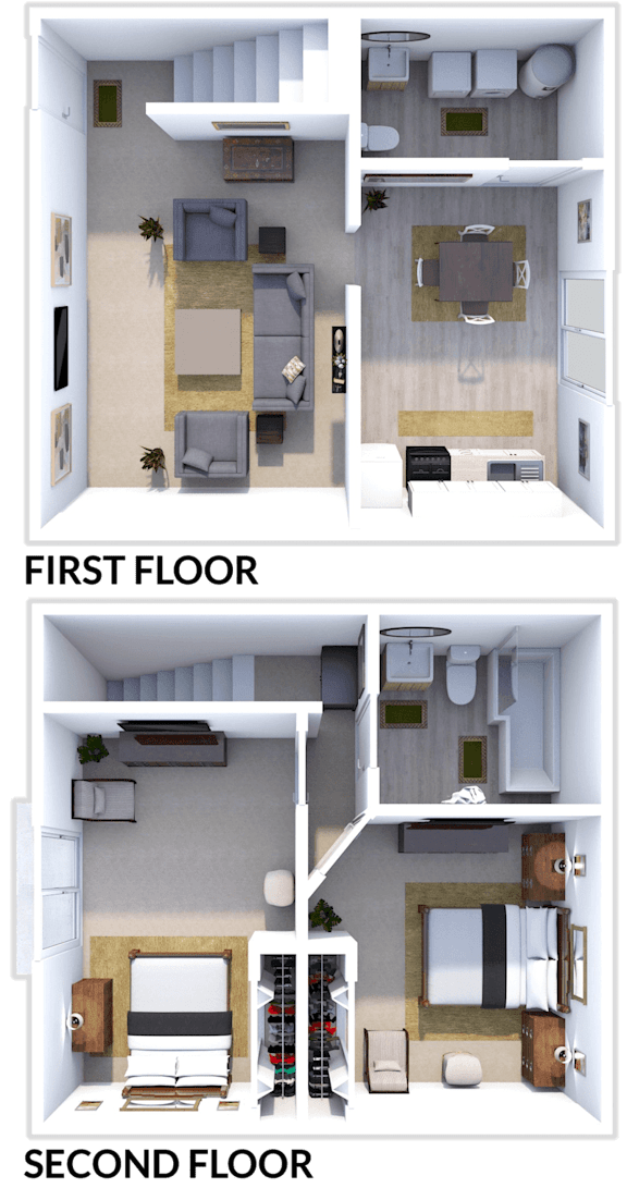 a 3d rendering of the interior of a house with a bedroom and living room