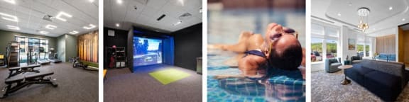 three photos of a woman in a gym and a swimming pool