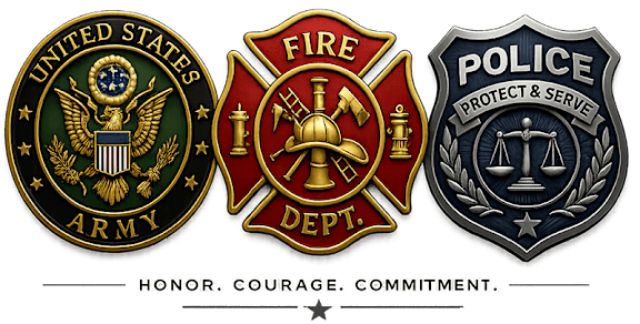 Three badges representing the United States Army, Fire Department, and Police.