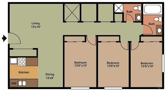 Floor Plan  3 Bedroom, 1.5 Bath, Upper Level Floorplan/1200sqft at Parkside Manor, Coralville, Iowa