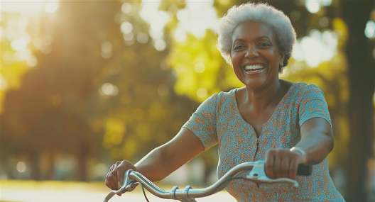 A woman is riding a bicycle in a park.