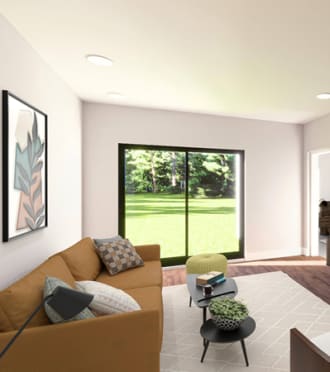 a rendering of a living room with a couch and a tv